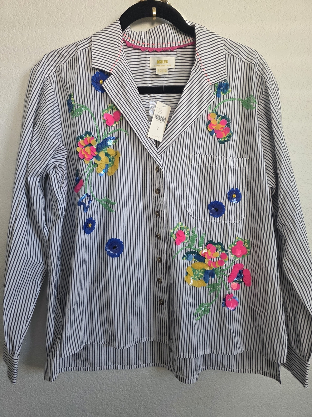 Maeve Anthropologie Striped Button-Down Shirt with Neon Floral Embroidery